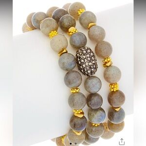 New, Rachel Reinhardt Labradorite & Crystal Set of 3 Stretch Bracelets